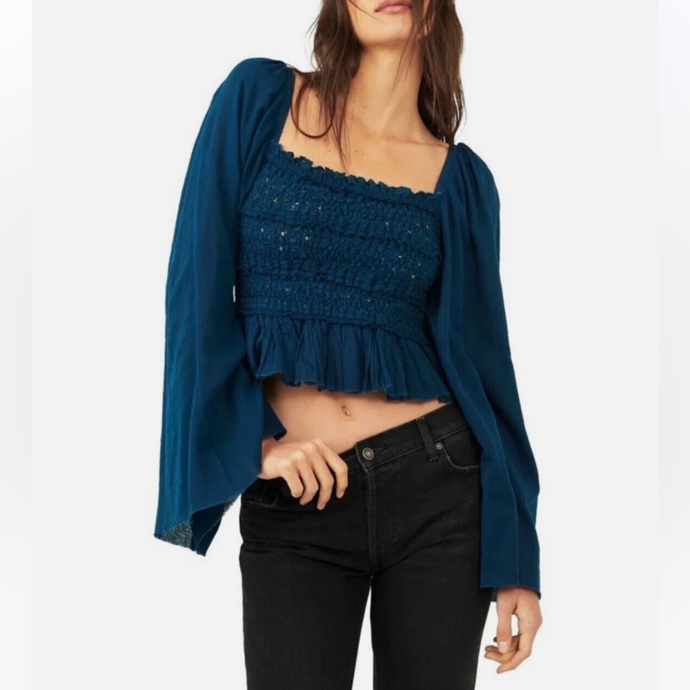 FP Free People One Rory Smocked Wide Bell Sleeve Top, NWT, Size Large